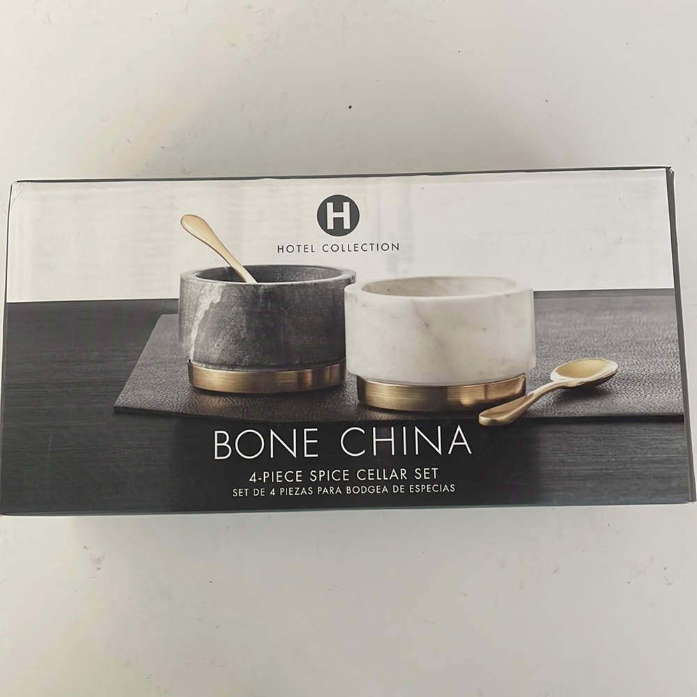 Nib hotel collection bone china spice set with spoons. White and black marble